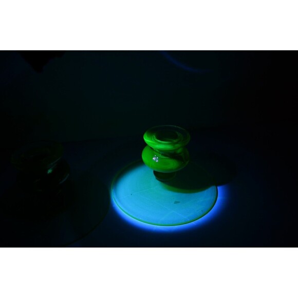 Vtg Pair Uranium Glass Candlestick Holders Green Depression Glass - Picture 8 of 11